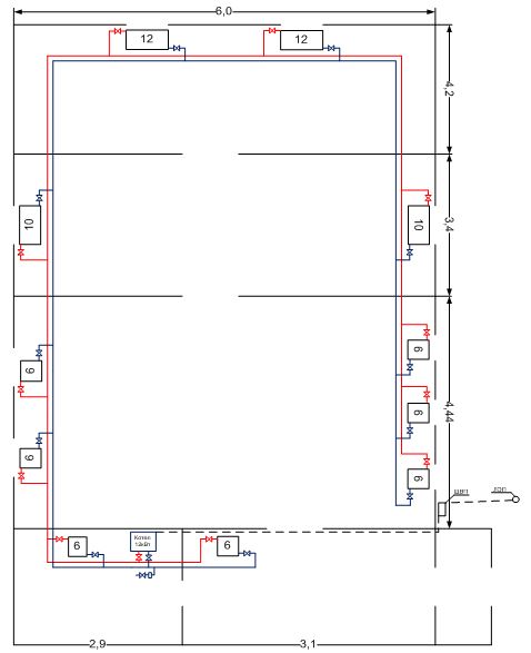 План одноэтажного   дома, и схема  двухтрубной системы отопления, с прокладкой СИП кабеля от опоры.